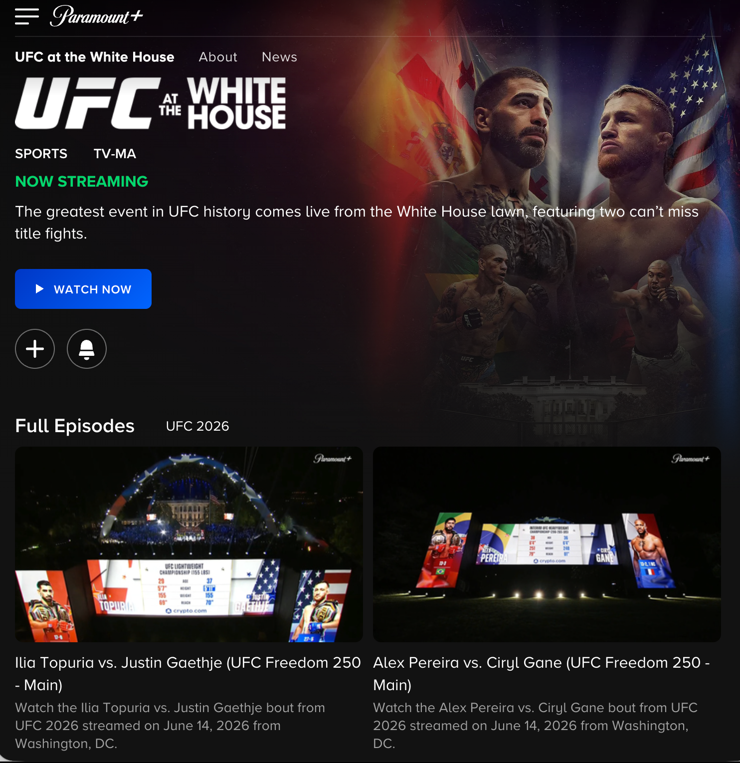 Current Paramount+ experience showing Watch Now and individual fight episode tiles, without a complete full replay module.