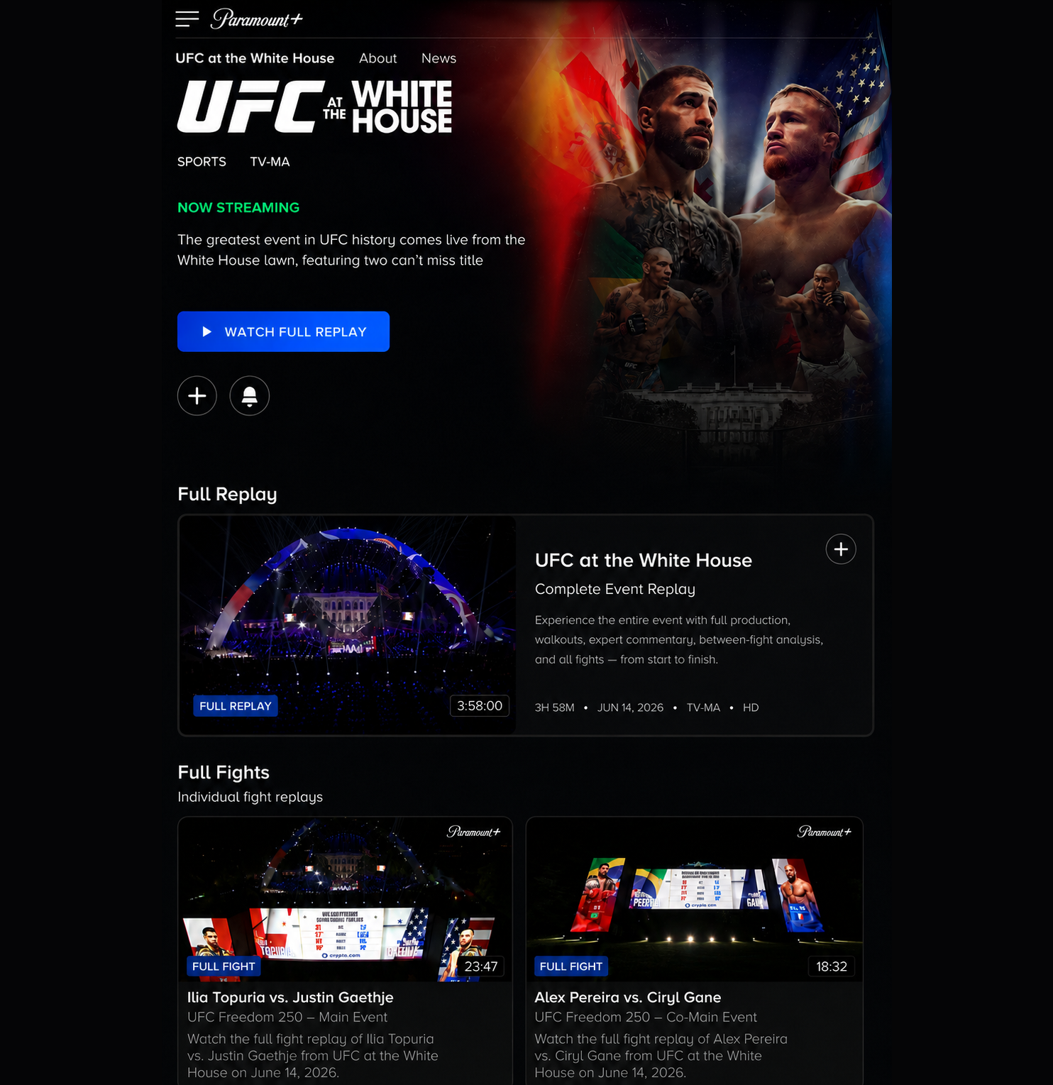 Desired Paramount+ experience showing Watch Full Replay and a Full Replay module above individual full fight tiles.